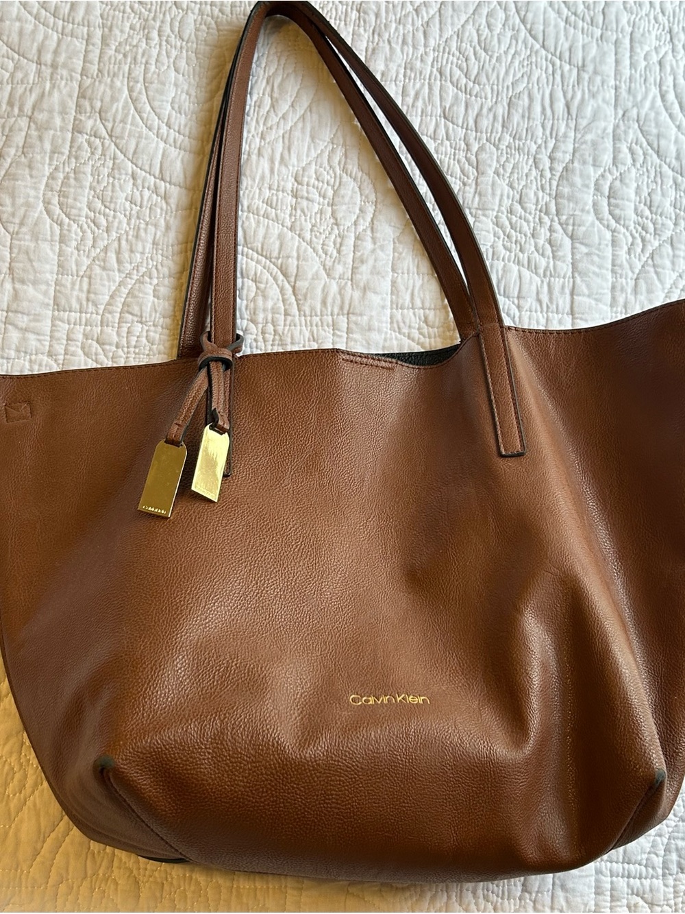 Calvin Klein Chestnut Brown Leather Tote with Gold Tags and matching wallet